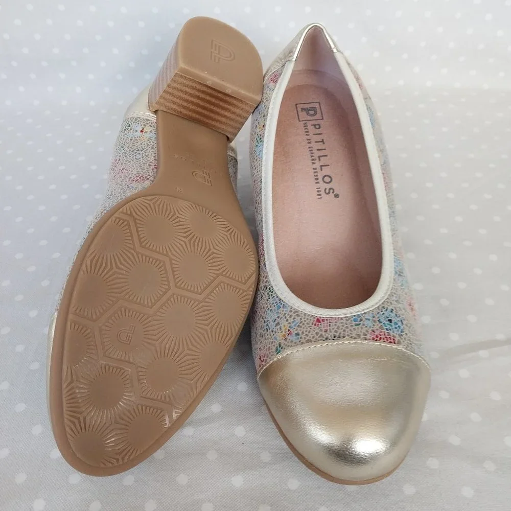 Pitillos Metallic Pale Gold Floral Mosaic Block Heel Cap Toe & Heel Pump NBOB